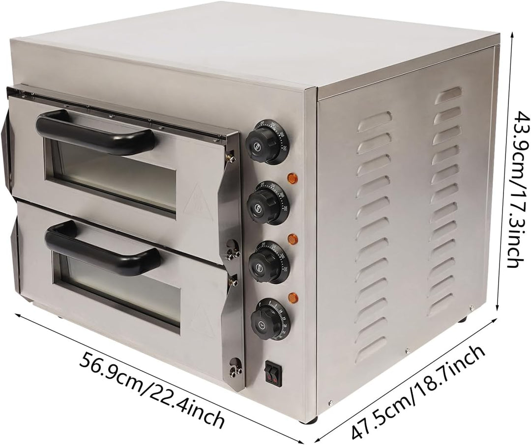 Doppelstock Pizzaofen aus Edelstahl, 3000W Pizzaofen, Elektrisch Pizzabackofen, Mehrzweck-Pizzamaker
