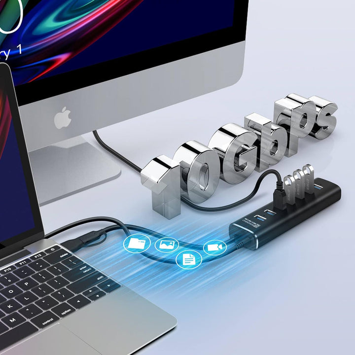 USB 3.2 Hub Aktiv mit Netzteil, RSHTECH Aluminium USB Hub 3.1 Gen2 mit 7*USB 3.2-Datenport (10Gbps),