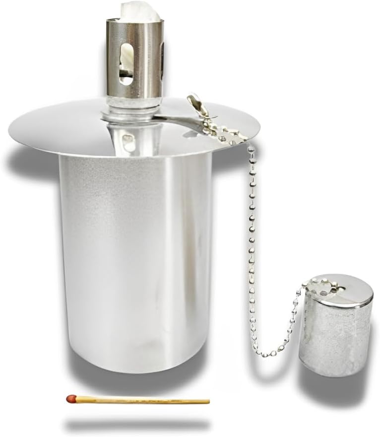 Edelstahl-Ölbehälter für Gartenfackeln & Brenner – 115 cm³ – Mit Kindersicherung – Ø 5,1 cm – TÜV-ge