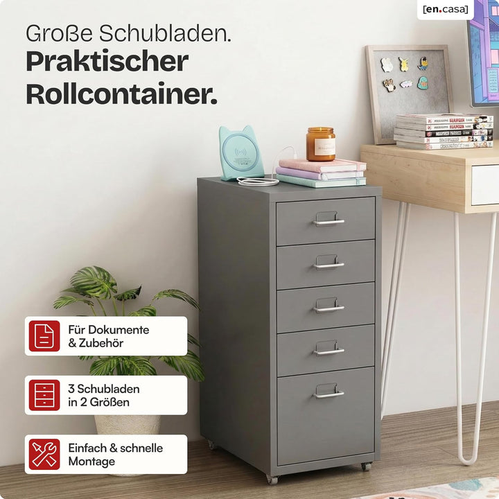 [en.casa] Rollcontainer Kökar Schubladenschrank Metall Aktenschrank mit 5 Schubladen Bürowagen mit R