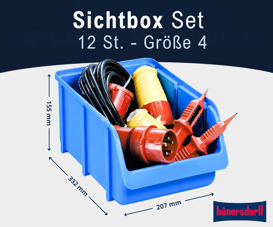 Hünersdorff 12x Sichtbox Stapelbox Lagerbox in Grösse 4, aus Polystyrol, hohe Formstabilität und Bel