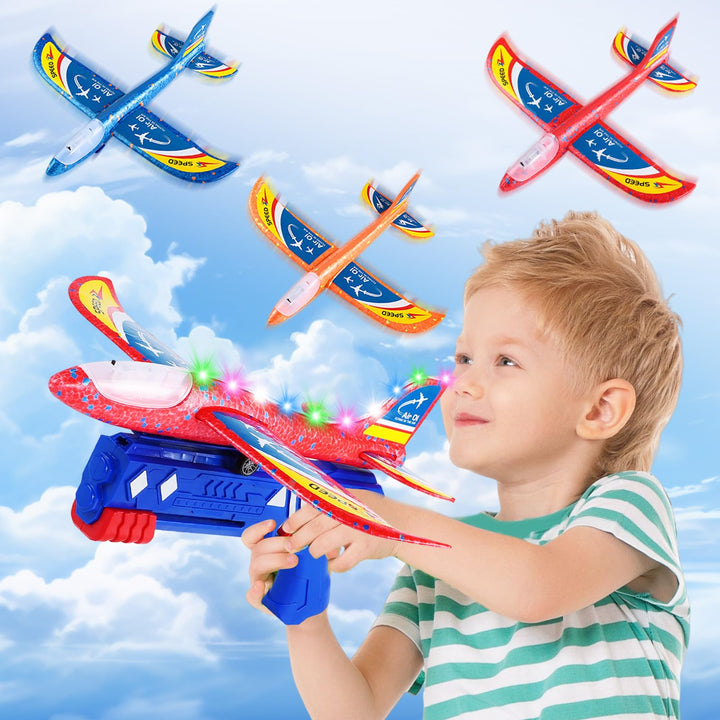 Flugzeug Spielzeug,Styropor Flugzeuge für Kinder mit Katapult & LED – 3 Flugzeug-Spielzeug Set,Wurfg