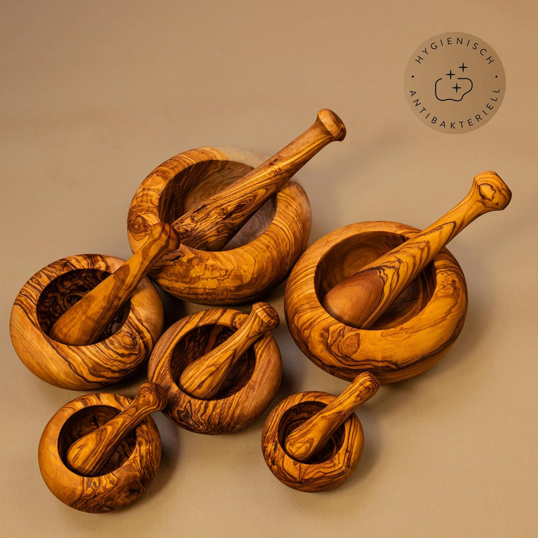 DAS OLIVENHOLZBRETT® Mörser und Stössel, Holzmörser Set mit Stoessel rund ca.14cm, 14cm