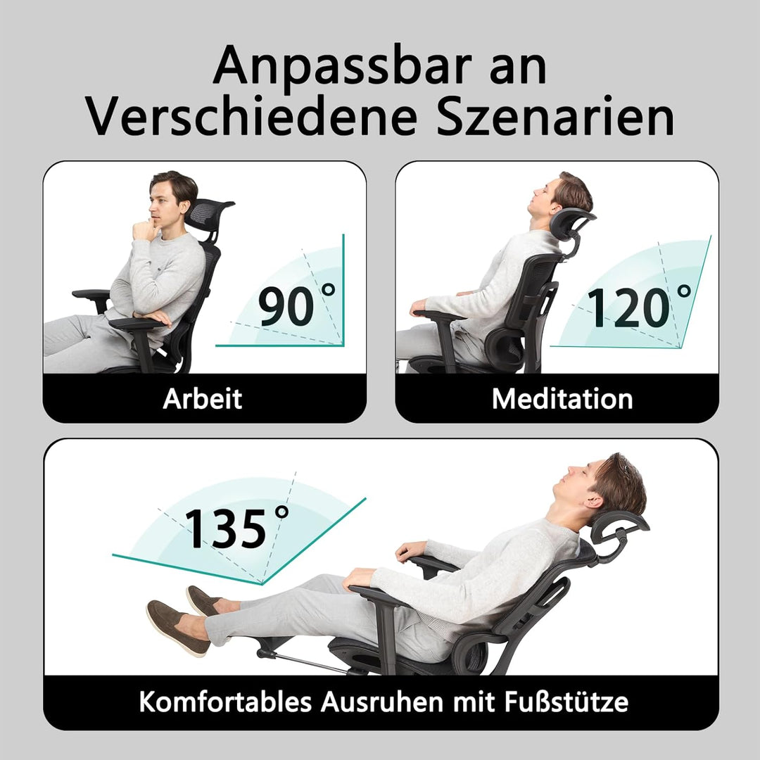 Bürostuhl Ergonomisch mit Fussstütze, 4D verstellbare Armlehnen, bequemer drehbarer Computer-Schreib