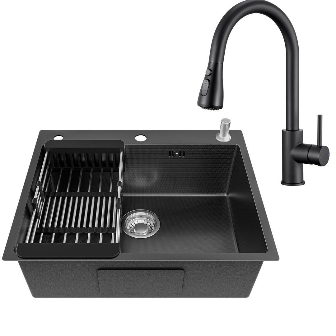 CECIPA Küchenarmatur & Spülbecken Set Schwarz 60×49 cm, Ausziehbarer Wasserhahn Küche mit 360° Drehf