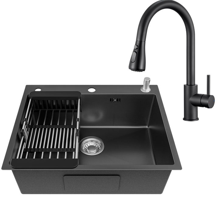 CECIPA Küchenarmatur & Spülbecken Set Schwarz 60×49 cm, Ausziehbarer Wasserhahn Küche mit 360° Drehf