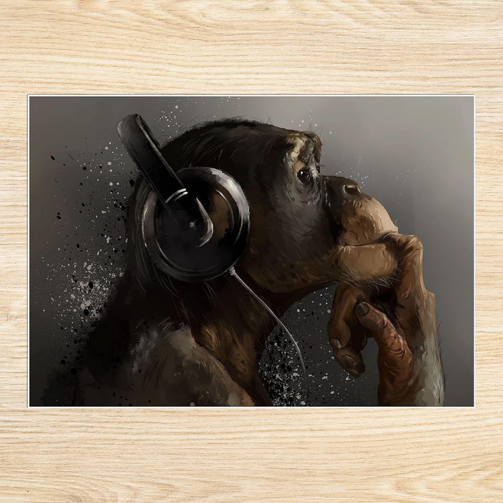 wandmotiv24 Poster als Wanddeko, Grösse 100x70cm, AFFE mit Kopfhörer, Headset, Musik, Tiere, Affen,