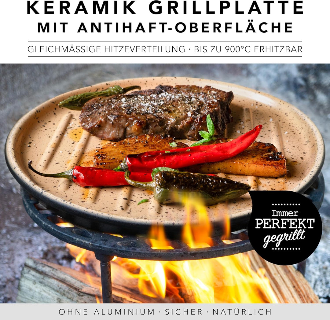 Römertopf Grillplatte aus Keramik, Plancha rund mit Grillstegen Ø 31,5 cm Ø 32,5 cm, Ø 32,5 cm