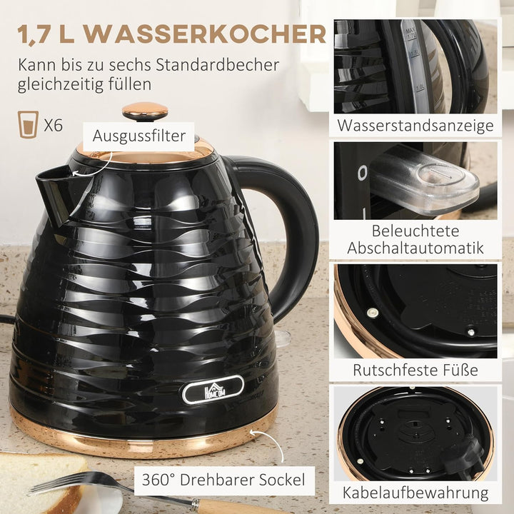 HOMCOM Wasserkocher Toaster Set Frühstück-Set mit 1,7L Wasserkocher, 4 Scheiben Toaster, 2200 W, 7 B