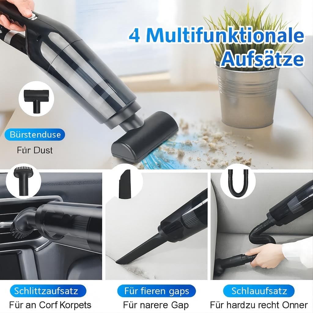 Handstaubsauger Akku mit 10.000Pa Starke Saugkraft,Kabelloser Staubsauger mit HEPA-Filter & Aufsätze