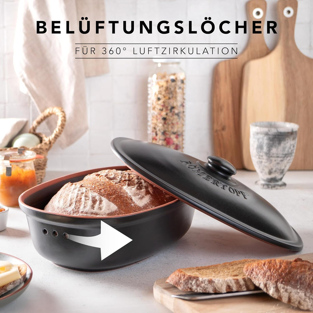 Römertopf Brottopf oval MEDI 2,3 Liter - Brotkasten Schwarz aus Keramik - Atmungsaktiver Tontopf für