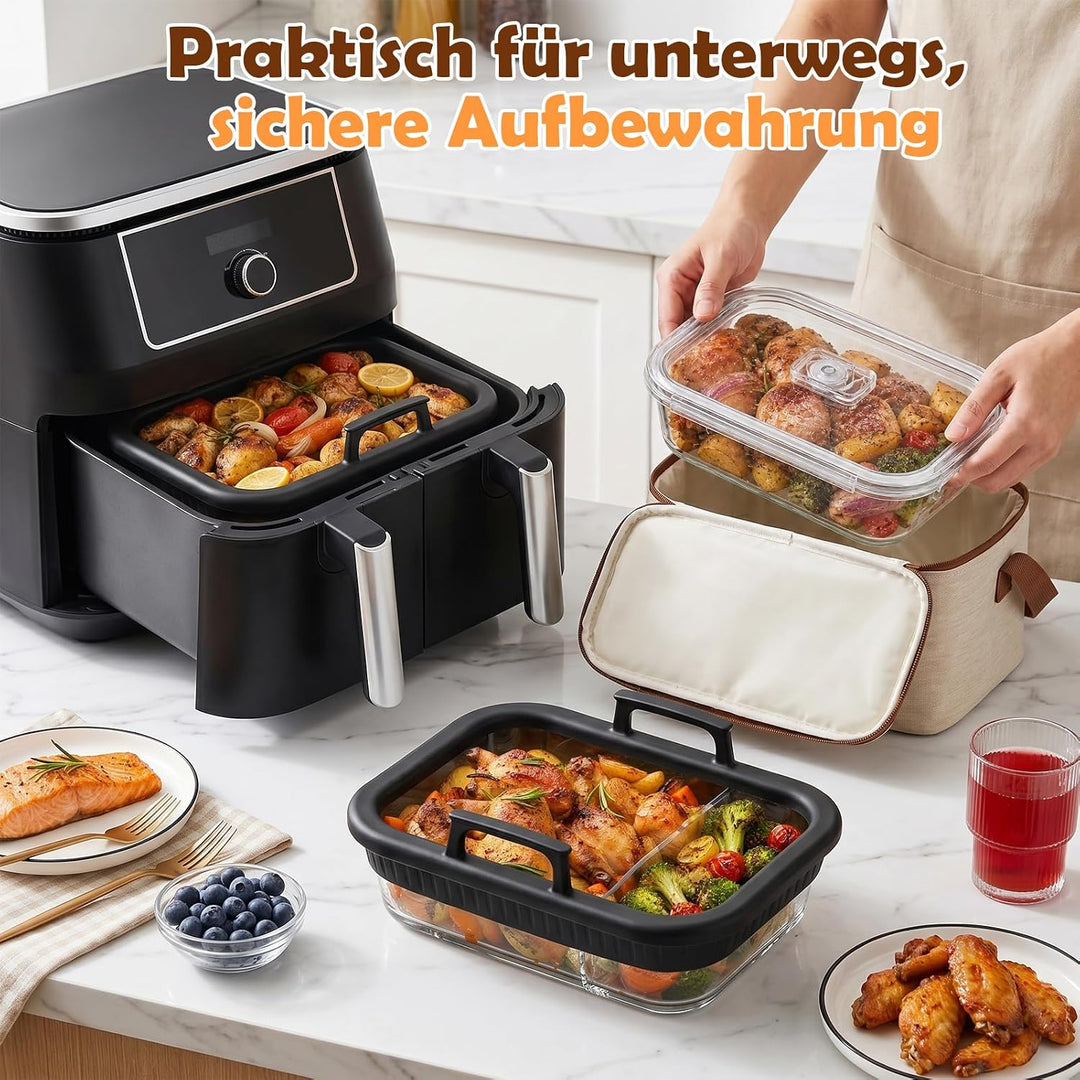 2 Stück Glas Auflaufform Airfryer, BPA-frei Glasform für Airfryer mit Deckel, Abnehmbaren Silikongri
