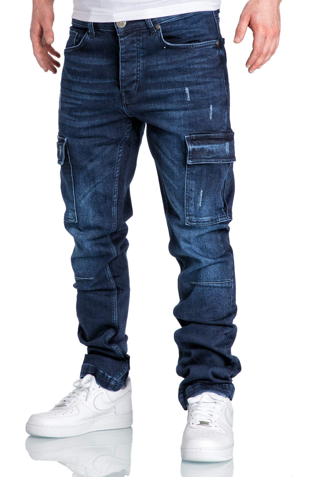 Amaci&Sons Herren Cargo Jeans Regular Slim Denim Hose Destroyed 7985 40W / 30L Dunkelblau, 40W / 30L