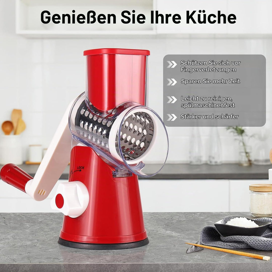 Dreamhigh® Käsereibe mit Kurbel, Gemüseschneider mit 3 Edelstahl Austauschbaren Trommelklingen, Manu