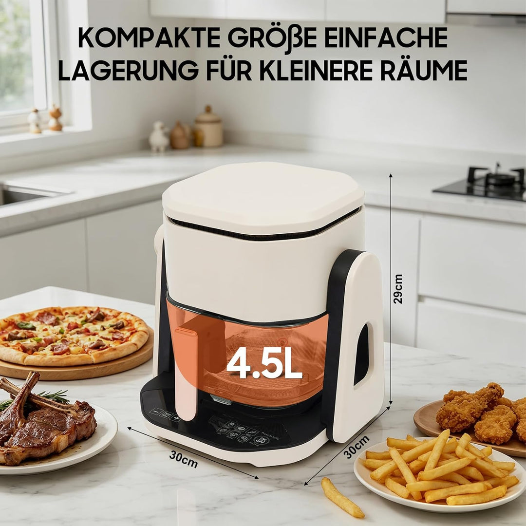 Airfryer Heissluftfritteuse 4,5L mit LCD Display 1200W Leistung | Sehr Kleinem Gehäuse und Sehr Leis