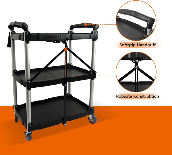 Servierwagen mit Rollen, Klappbar, 62 x 40 x 84cm, Bis zu 75 kg Belastbar, Dreistufiges Faltregal mi