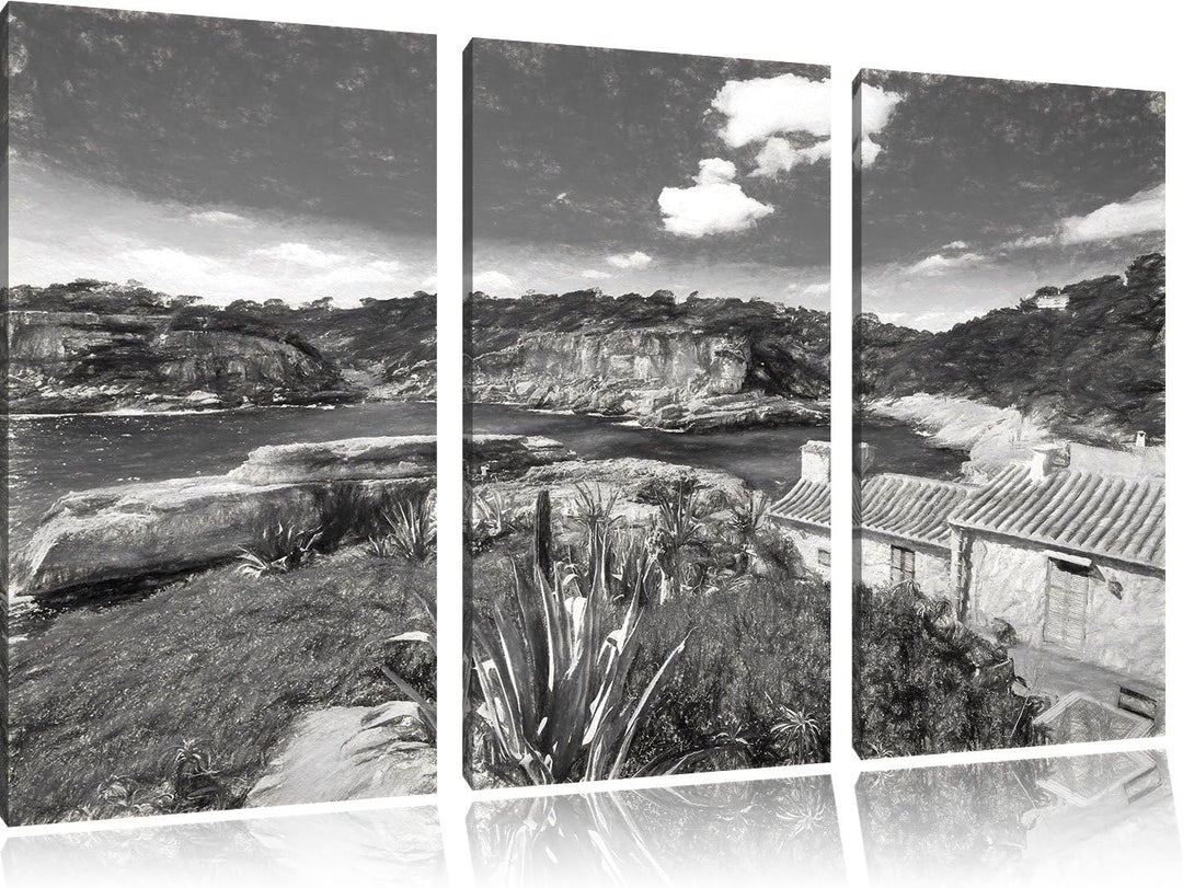 Pixxprint Ferienhaus an der spanischen Küste Kunst Kohle Effekt 3-Teiler Leinwandbild 120x80 Bild au