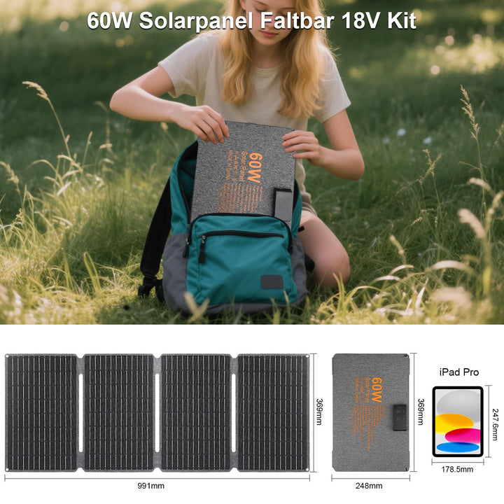 【60W Solarpanel Faltbar 18V Kit】KWODE Solarpanel 60W ETFE Solar Panel Tragbares Faltbares Solar Lade