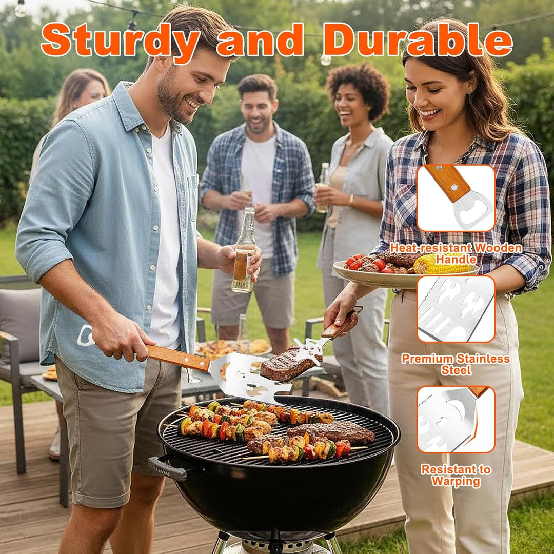 Cyiecw 2 Stück Grillbesteck Set, 7 in 1 Grillspachtel Edelstahl mit Holzgriff, Multifunktionales Gri