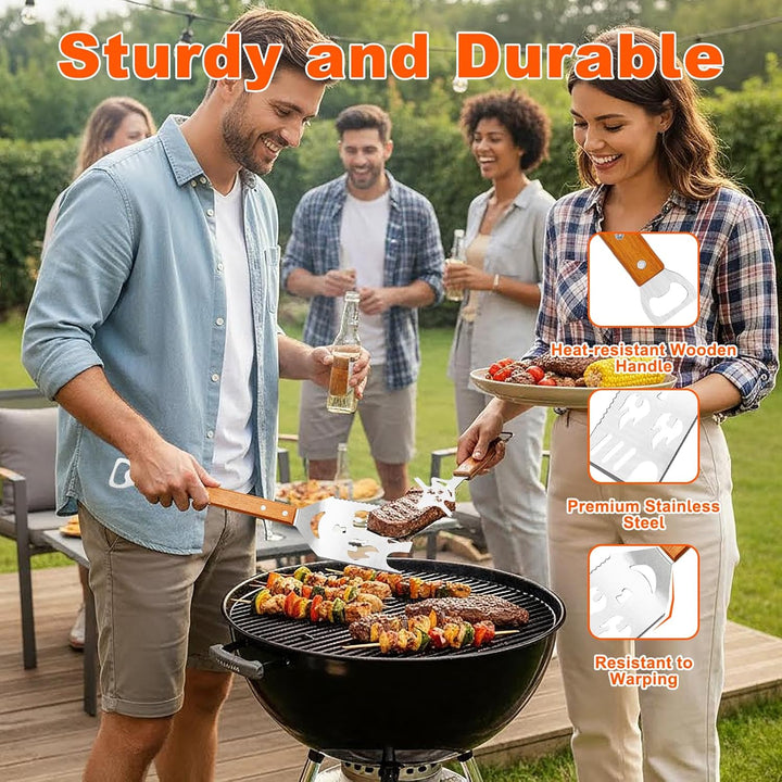 Cyiecw 2 Stück Grillbesteck Set, 7 in 1 Grillspachtel Edelstahl mit Holzgriff, Multifunktionales Gri
