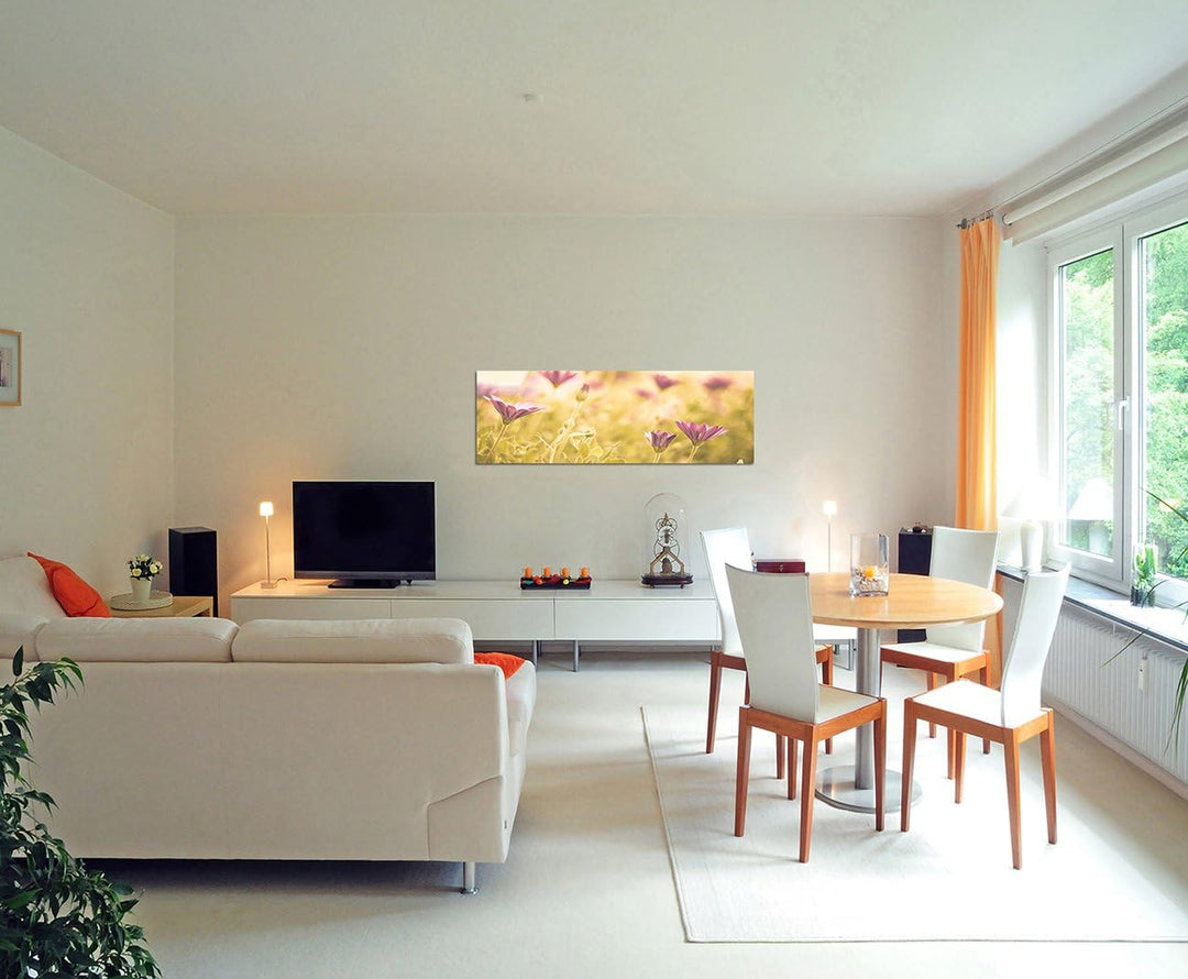 Paul Sinus Art Panoramabild auf Leinwand und Keilrahmen 150x50cm Blumen Wiese Frühling Sonne Licht