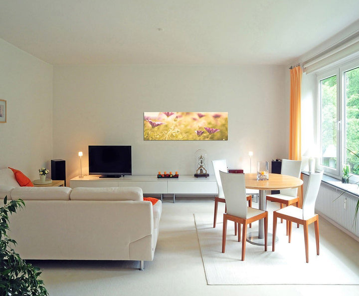 Paul Sinus Art Panoramabild auf Leinwand und Keilrahmen 150x50cm Blumen Wiese Frühling Sonne Licht