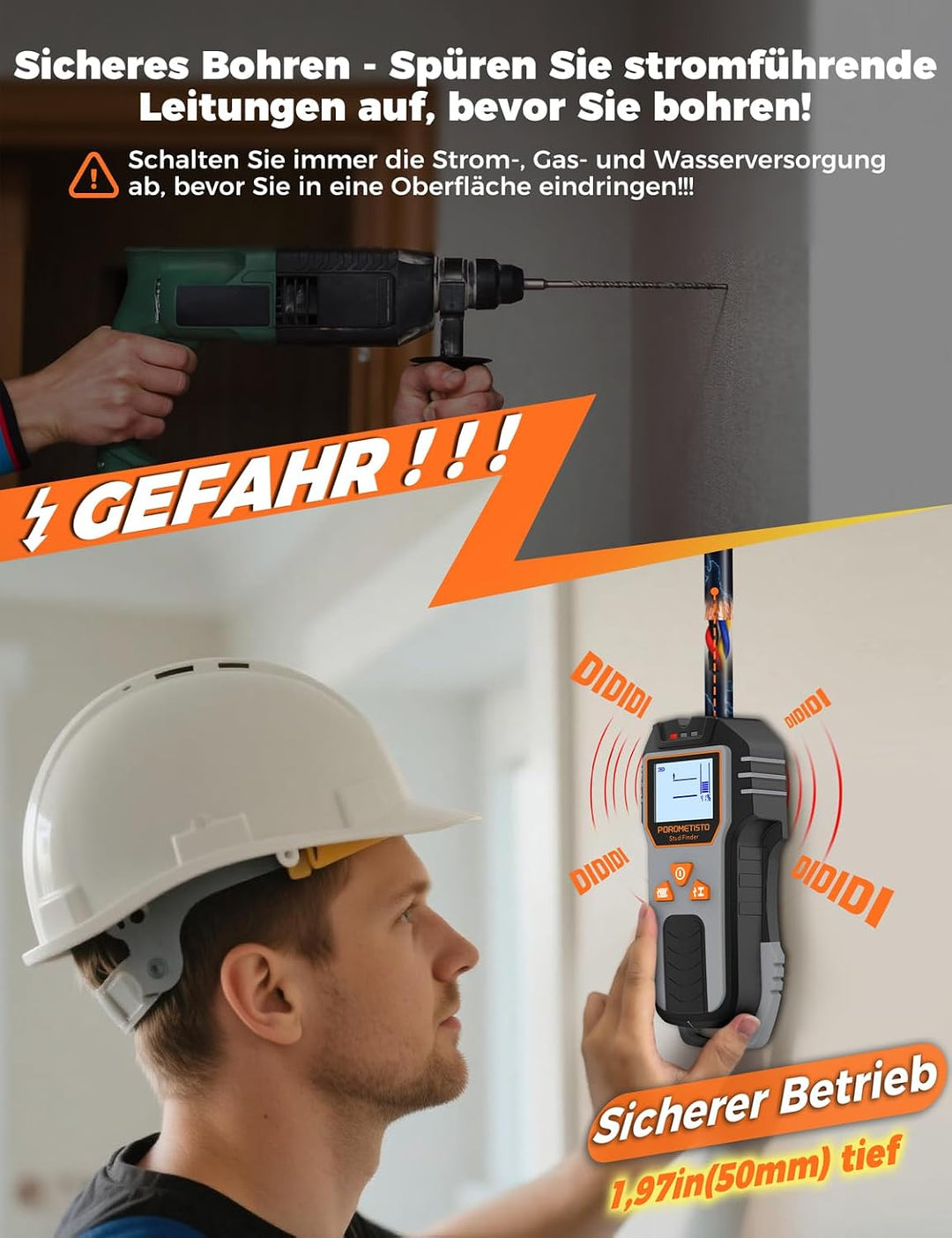 Leitungssucher Ortungsgerät, POROMETISTO DSF01 Wand Scanner, 6-in-1 Multifunktional Stud Finder | Le