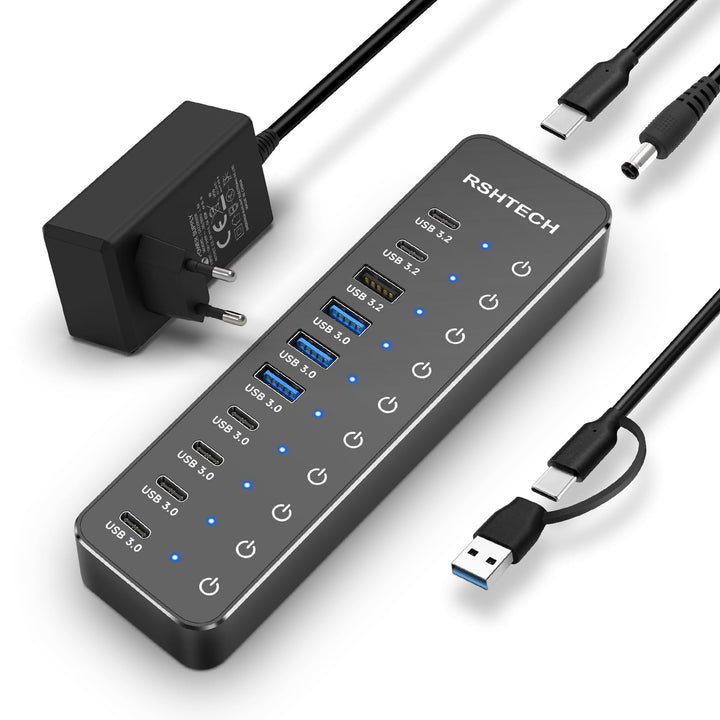 RSHTECH 10 Port USB C Hub mit Netzteil - Mit 3 USB 3.2 (2 Type C und 1 Type A) und 7 USB 3.0(4 Type-