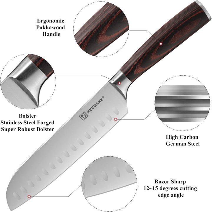 KEEMAKE Messerset, Santoku Messer 2 tlg, Küchenmesser Set aus deutschem Edelstahl mit Pakkawood Grif