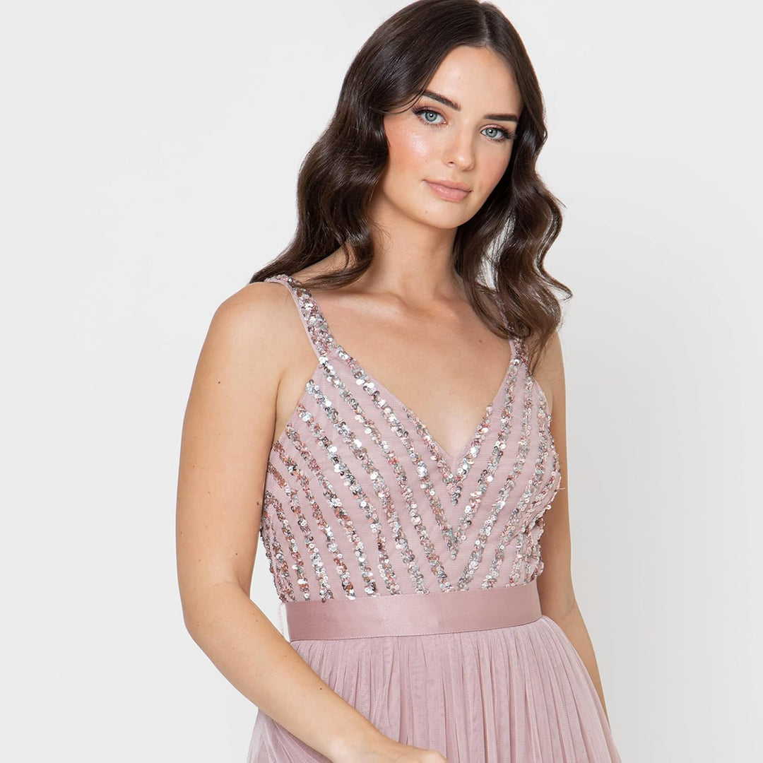 Maya Deluxe Damen Maxi Abendkleid Elegant für Hochzeit mit V-Ausschnitt Tüllkleid Schleife Brautjung