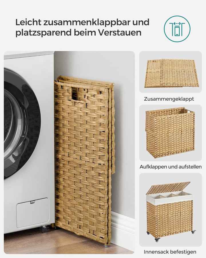 SONGMICS 140L Wäschekorb handgeflochten, Wäschesammler mit Deckel, mit 3 Fächern, faltbar, mit Räder