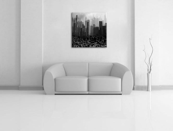 Stadt in Trümmern, Format: 70x70 auf Leinwand, XXL riesige Bilder fertig gerahmt mit Keilrahmen, Kun