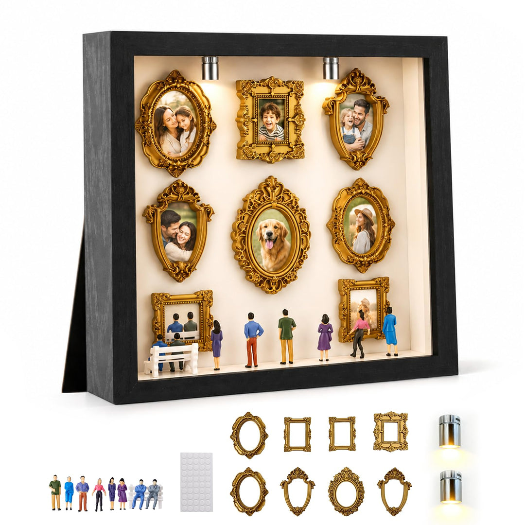 DIY Mini Museum Silhouette Box Set mit LED Licht – 8 Goldene Rahmen & 8 Figuren, Museum of Us, Mini