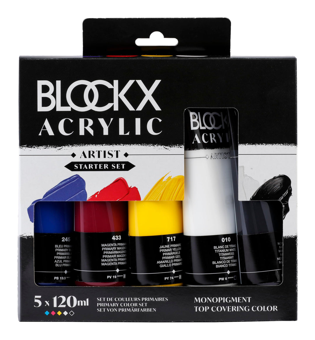Blockx 65120BXC - Set mit 5x120ml Tuben, feine Acrylfarbe, Acrylic Artist, Primärfarben, dekend und