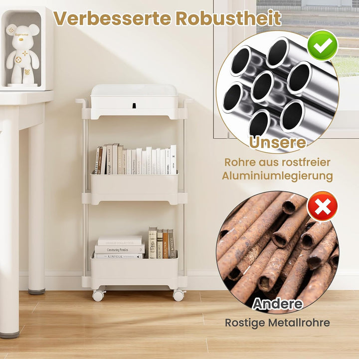 GOPLUS 3-stöckiger Servierwagen mit Rollen, Küchenwagen mit Abdeckung & abnehmbaren Regalen, Rollwag