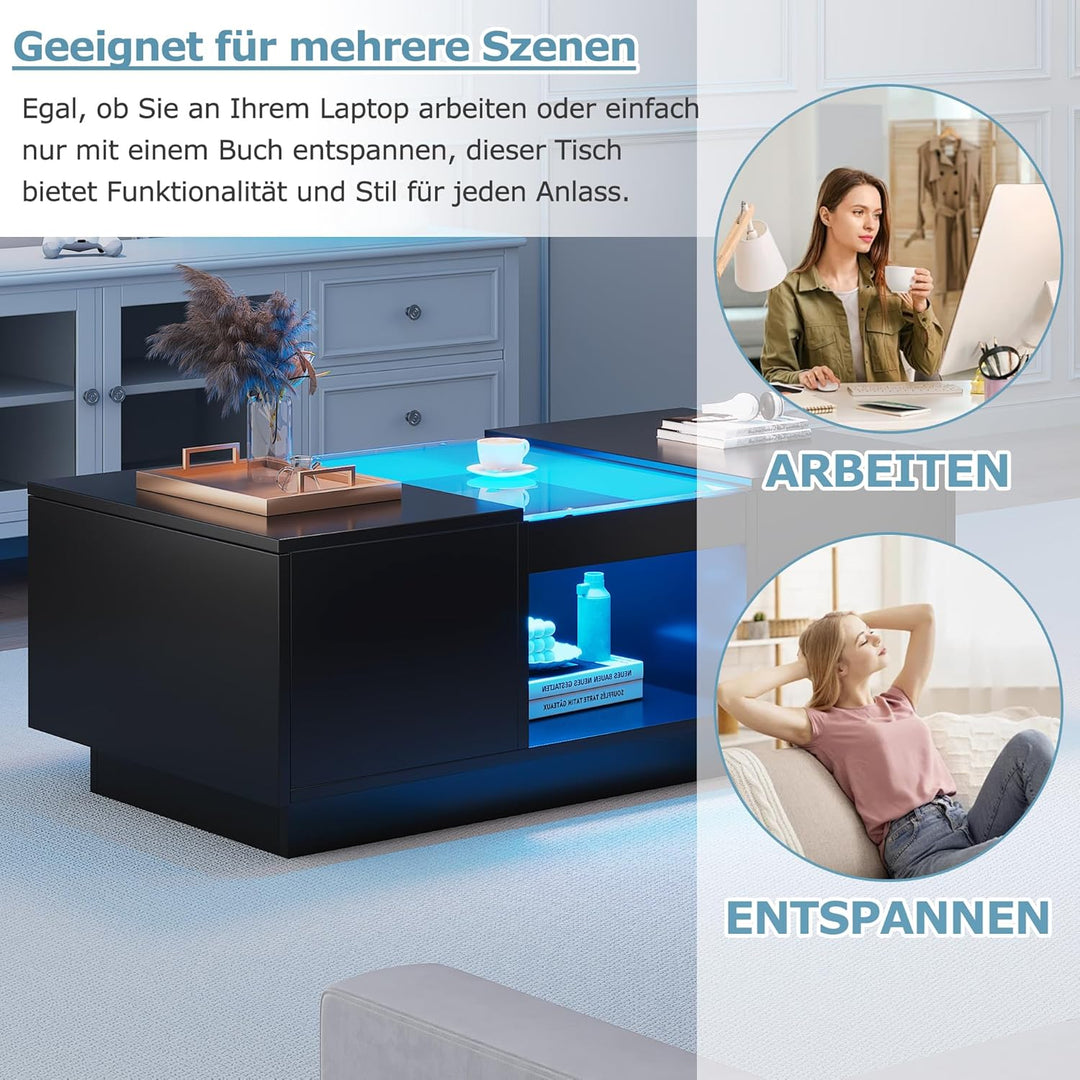 Merax Couchtisch LED Hochglanz, Mitteltisch Teetisch für Wohnzimmer, Schwarz Wohnzimmertisch mit 2 S