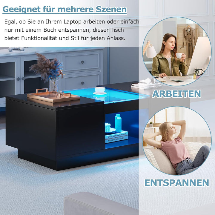 Merax Couchtisch LED Hochglanz, Mitteltisch Teetisch für Wohnzimmer, Schwarz Wohnzimmertisch mit 2 S