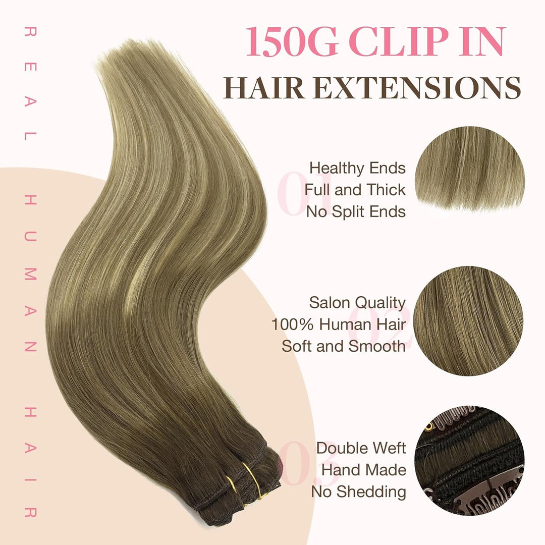 GOO GOO Clip in Extensions Echthaar, Echthaar Extensions Clip, 40cm 150g 9pcs, Extensions Echthaar,