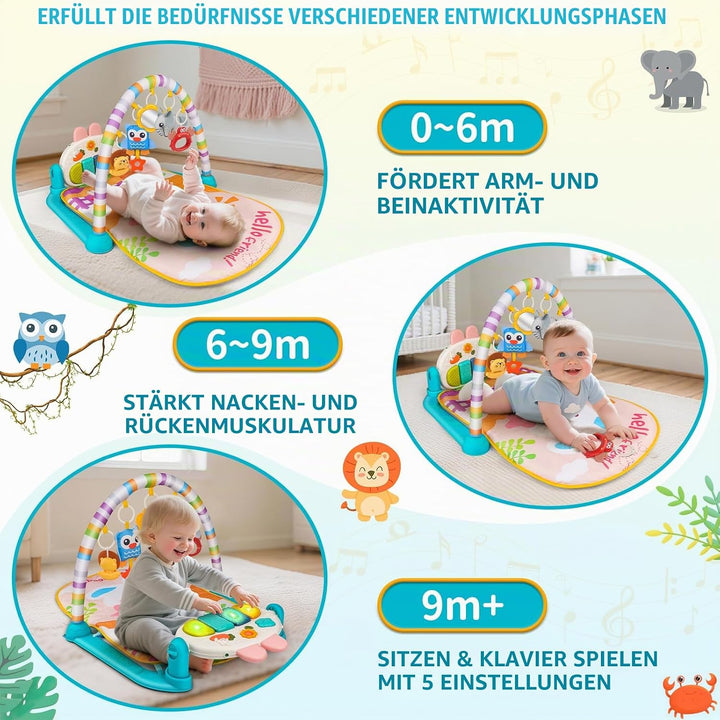 nicknack Spielmatte für Baby mit Klavier, Musik &amp; Lichtern – Spielbogen, Tummy Time Activity Center