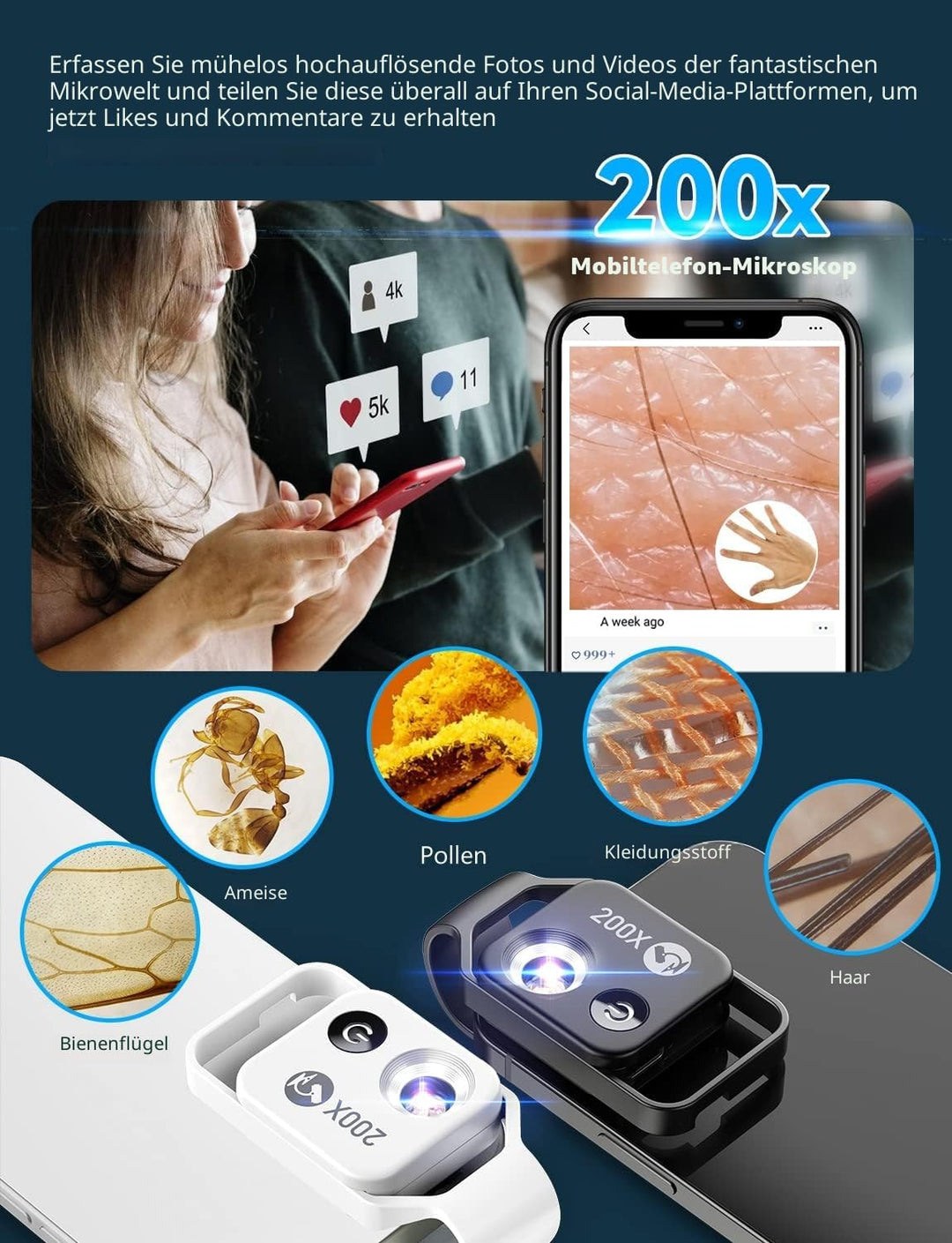 APEXEL 200X Mini-Mikroskop für Smartphone-Kamera, Taschenformat, Handy-Mikroskop für Explore Micworl