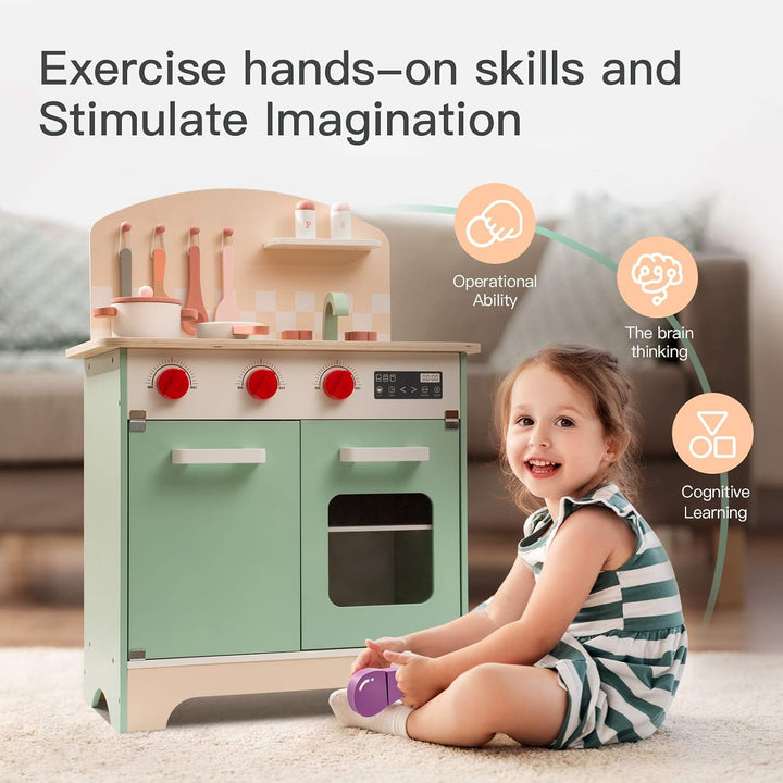 ROBUD Spielzeug Kinderküche, Holz Spielküchen Zubehör mit Schneiden Gemüse Lebensmittel, Backenofen,