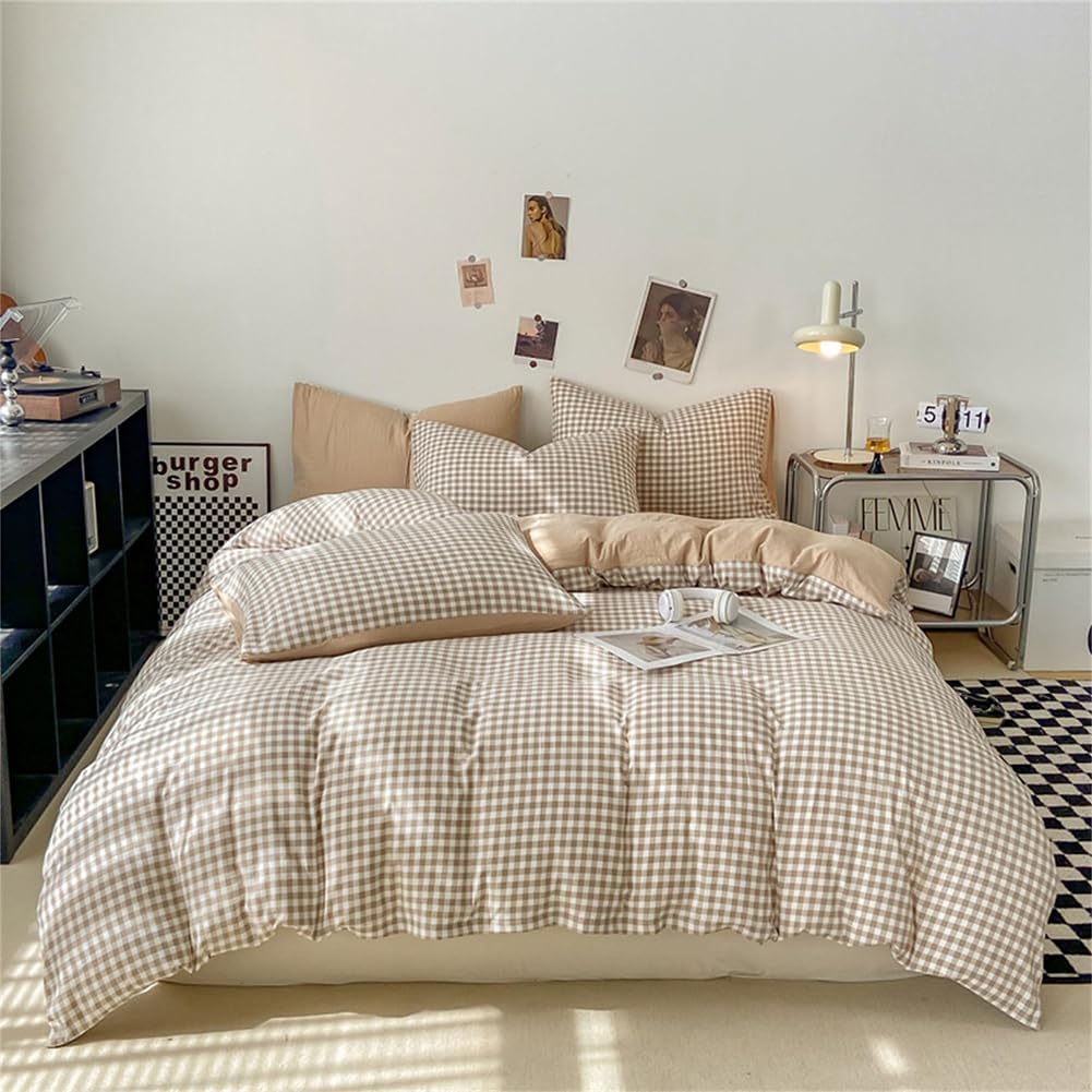Bettwäsche Kariert 140x200 Beige Karomuster Microfaser Bettwäsche-Sets und Kissenbezug 70x90 cmZerti