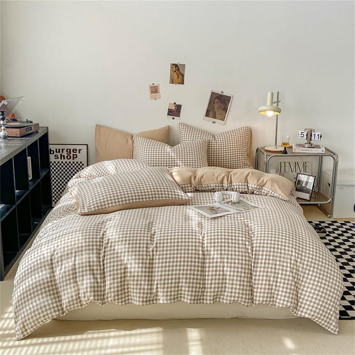 Bettwäsche Kariert 140x200 Beige Karomuster Microfaser Bettwäsche-Sets und Kissenbezug 70x90 cmZerti