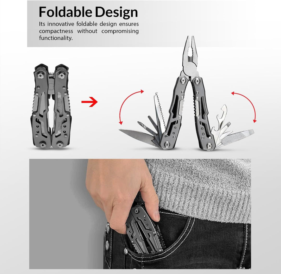 Multitool 14-in-1 mit Zange, Messer, Schraubendreher, Flaschenöffner und Nylonetui – Kompaktes und R