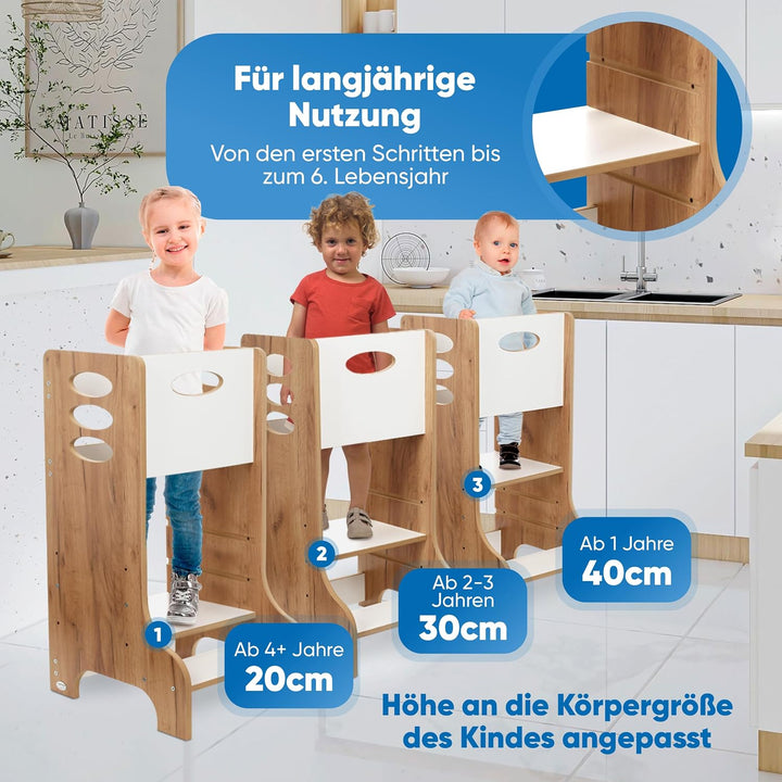Kitchen Kids Helper Lernturm ab 1 Jahr - Höhenverstellbarer Lernturm Montessori Eiche-Weiss 90cm - S