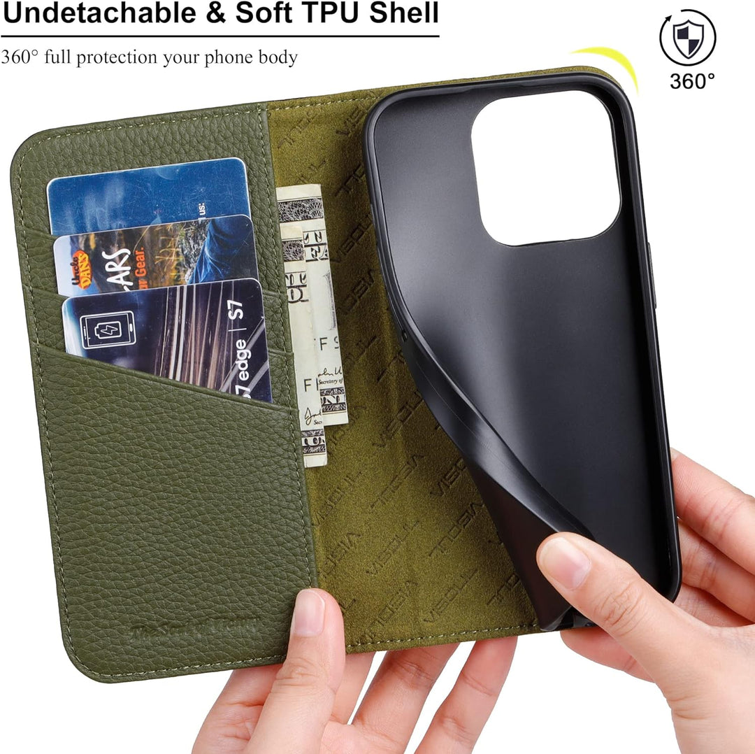 VISOUL iPhone 14 Pro Hülle, Handyhülle iPhone 14 Pro [100% Echtleder] [3 Kartenfächer] [Verdichtes T