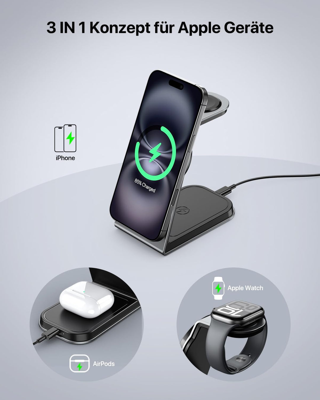Mag-Safe Ladestation 3 IN 1, Ladegerät kompatibel mit App1e Watch und iPh0ne, Induktive Ladestation