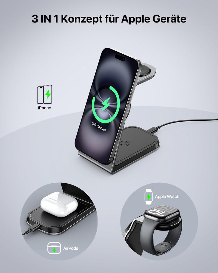Mag-Safe Ladestation 3 IN 1, Ladegerät kompatibel mit App1e Watch und iPh0ne, Induktive Ladestation