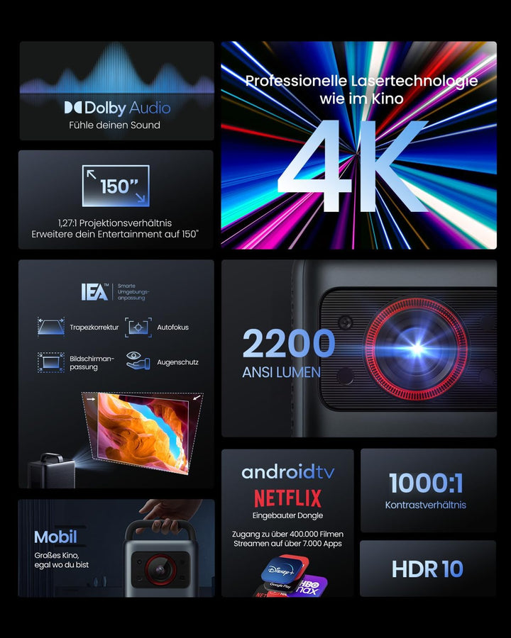 Nebula Cosmos Laser 4K, Smarter Laser-Projektor, 2400 ISO Lumen, Automatische Trapezkorrektur, Dolby