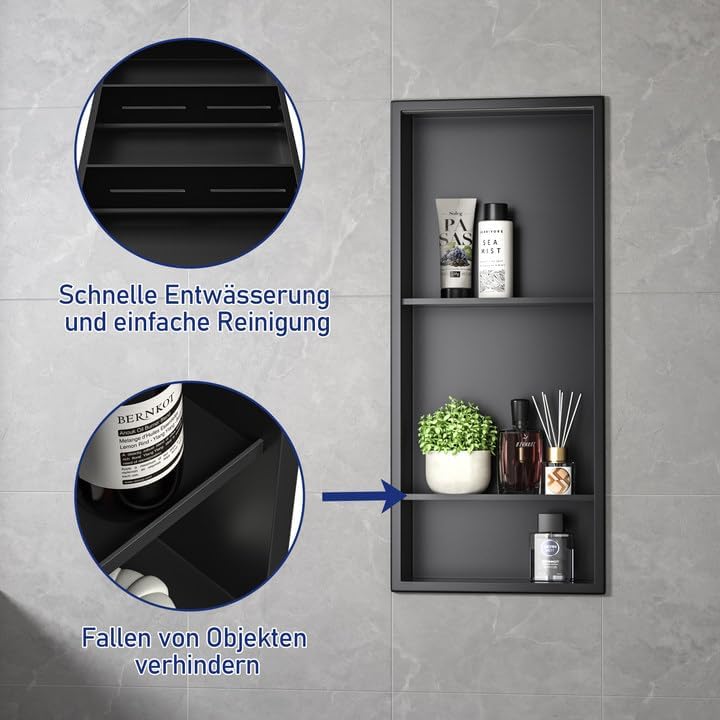 Edelstahl Duschnische 75 X 30 cm Mattschwarze Nischendusche Ohne Keramikfliese Wandnische, Mit Trenn